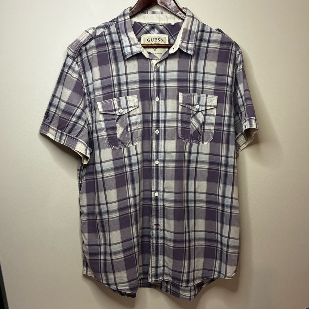 GUESS Men’s Purple & White Plaid Button-Up Shirt – Size XL Good Condition